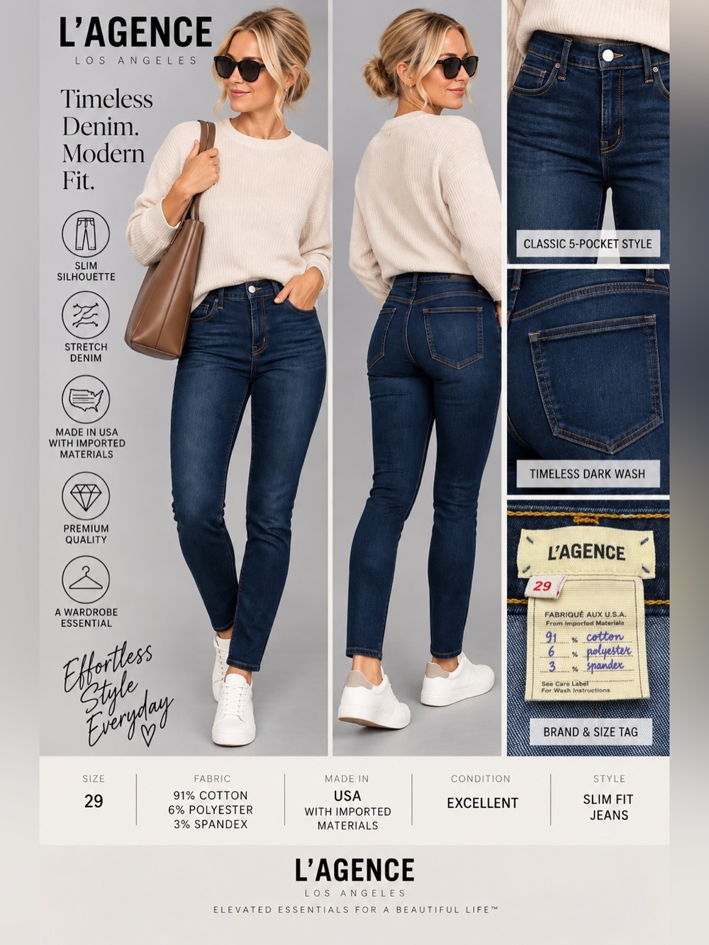 L’AGENCE Brigitte Mid Rise Skinny Jeans Size 29 Dark Wash Stretch